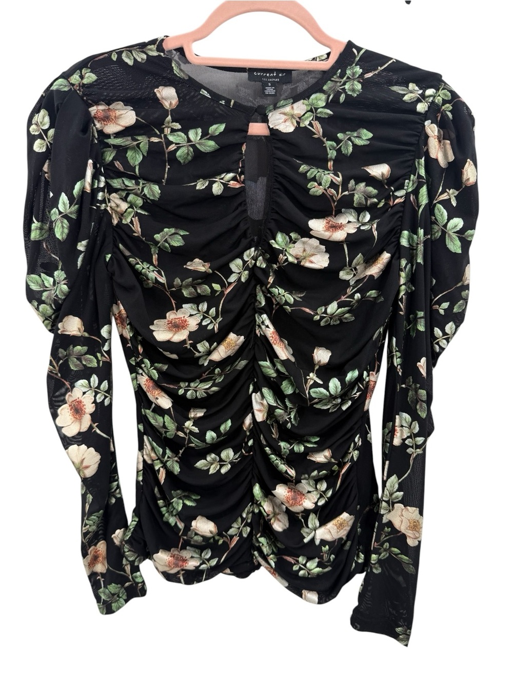 Black Floral Ruched Mesh Top Keyhole Puff Sleeve Romantic Cottagecore Feminine - Picture 9 of 15